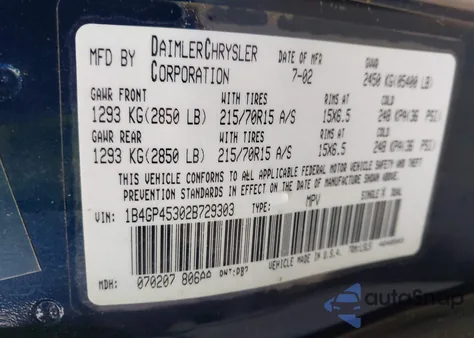 2002 Dodge Caravan Sport from USA, damaged, VIN 1B4GP45302B729303